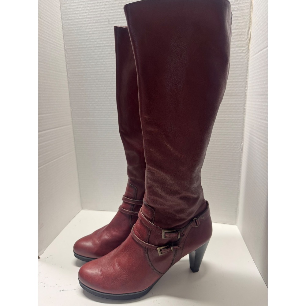 Hispanitas Burgundy Red Leather Tall Buckle Boots Made in Spain Size 42 10.5